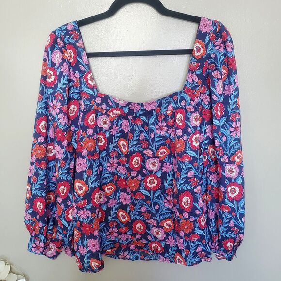 Vineyard Vines Tisbury Floral Square Neck Top Womens Size XL Buttoned Cuffs - Picture 3 of 11